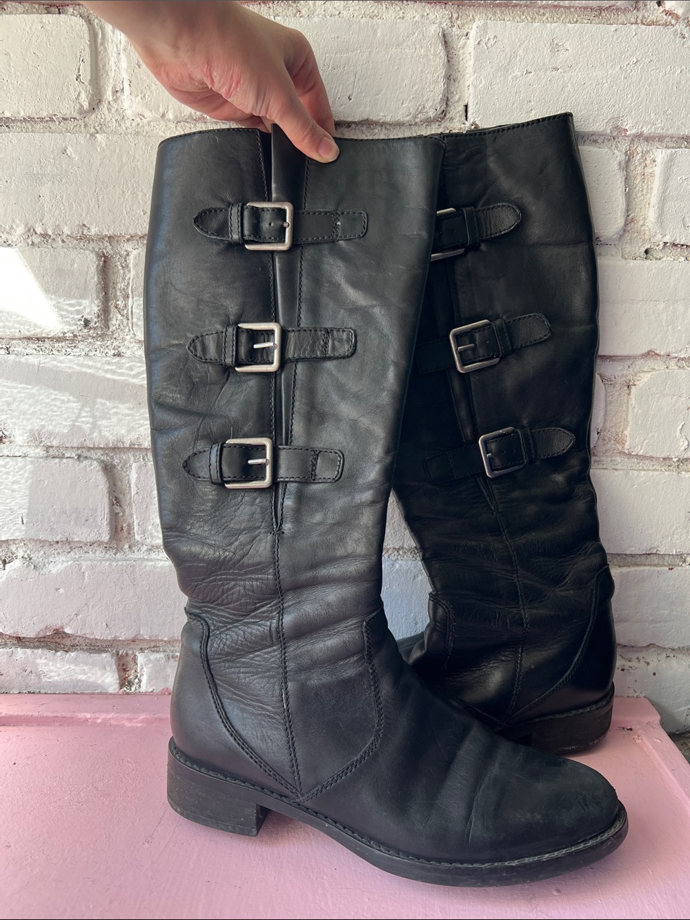 Ecco black Over-the-Knee Leather Boots with Side Buckles